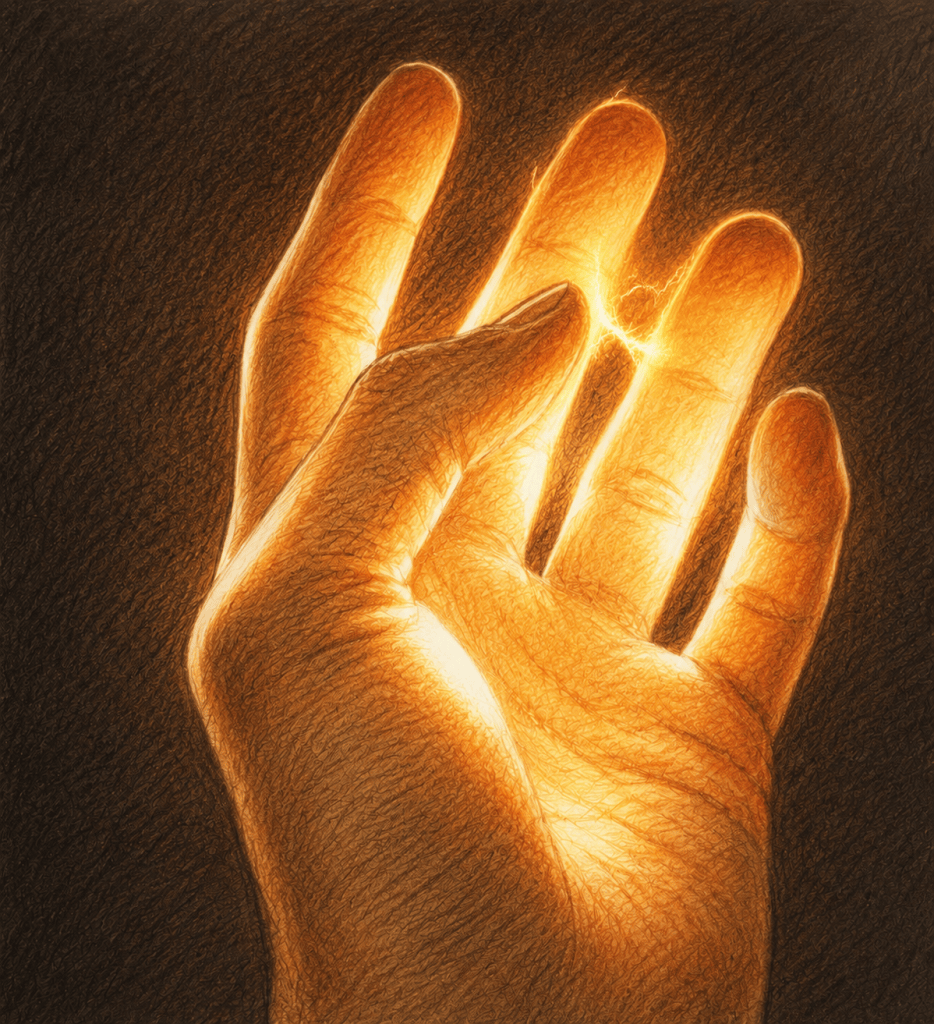 A hand emitting a soft golden light against a dark background, symbolizing warmth and energy.