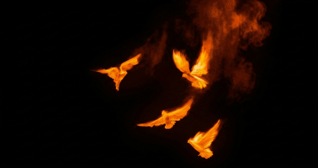 Four birds depicted as flames soaring against a black background.