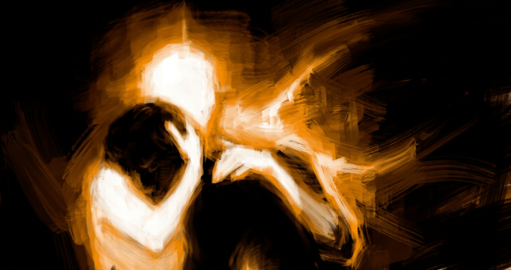 An abstract painting depicting two figures embracing, with a warm color palette of orange and black, conveying emotion and intimacy.